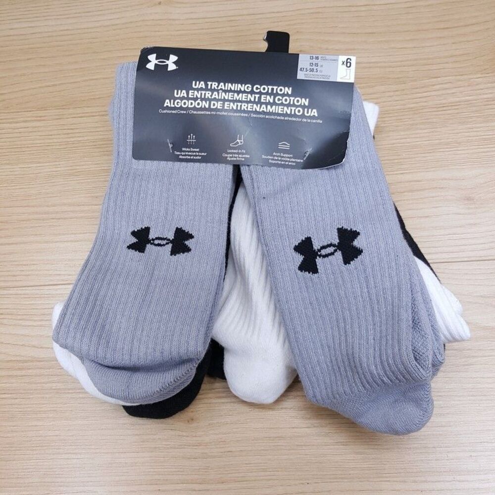 UNDER ARMOUR Crew Socks Mens XL 13-16 Black Gray White 6-Pack Training Logo